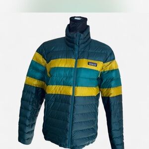 Patagonia Men’s Teal, Yellow & Dark Teal Striped Puffer Jacket